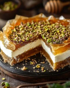 Gold-Dusted Honey Pistachio Baklava Cheesecake Recipe