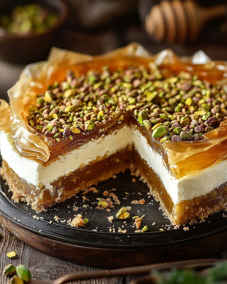 Gold-Dusted Honey Pistachio Baklava Cheesecake Recipe