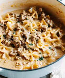 Cheesy Beef And Bowtie Pasta In Garlic Butter Recipe