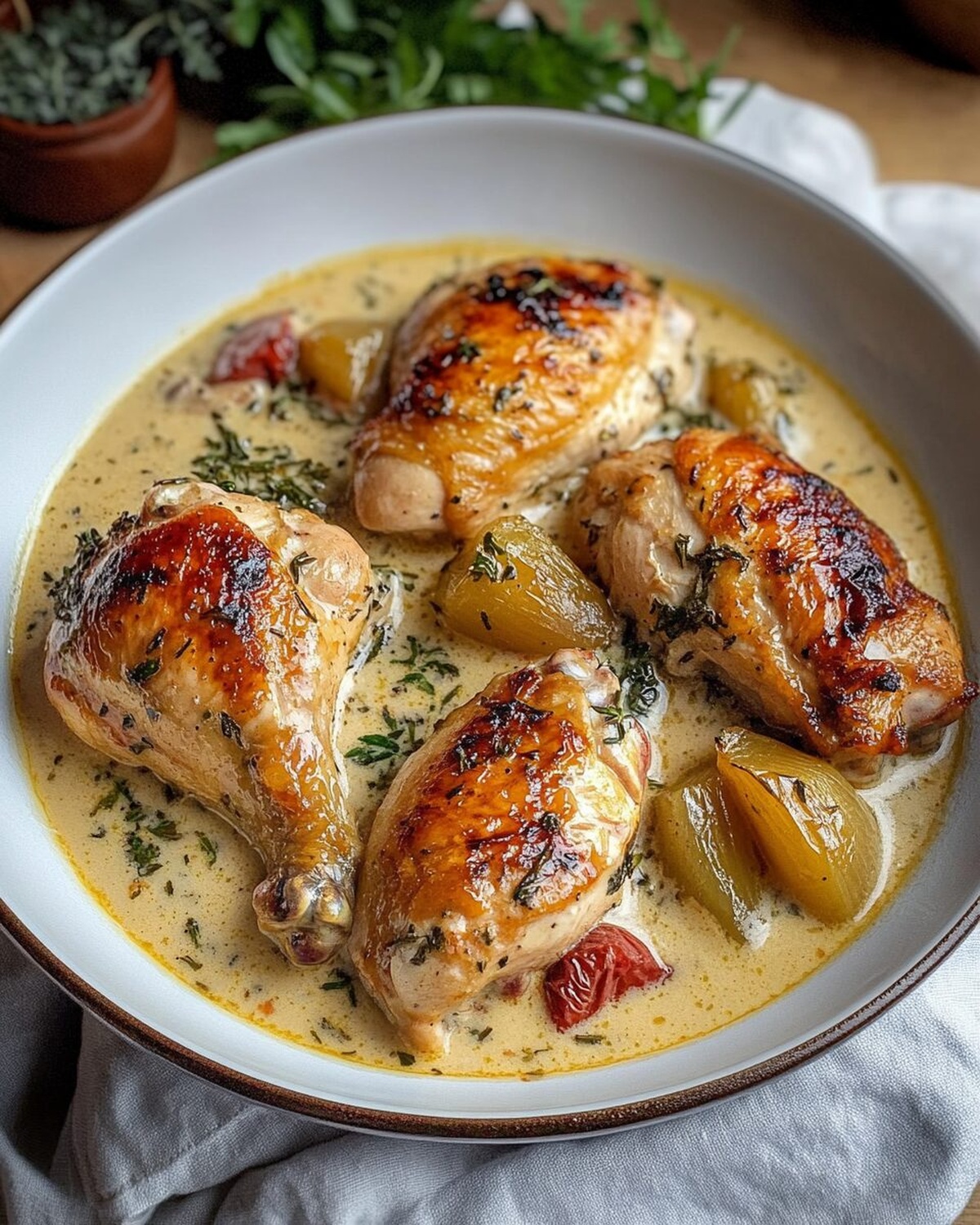 Savory Herb-Roasted Chicken with Creamy White Wine Mushroom Sauce Recipe