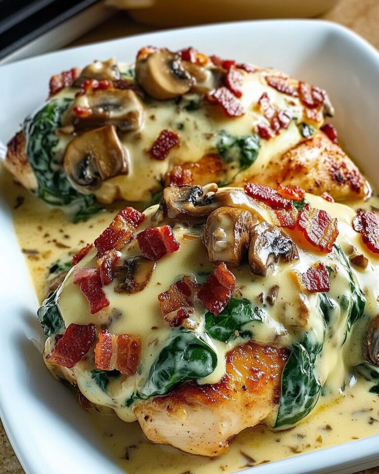 Decadent Smothered Chicken with Creamy Spinach, Bacon Crunch, and Savory Mushrooms Recipe
