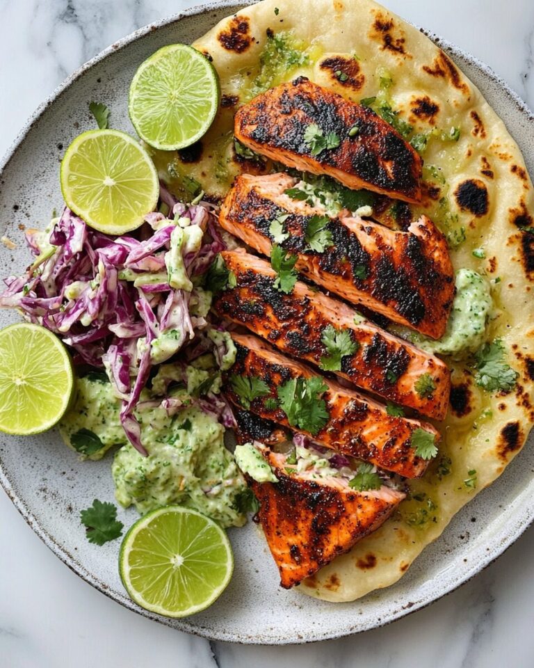Spicy Blackened Salmon with Warm Grilled Naan and Zesty Lime Slaw Recipe