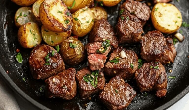 Melted Garlic Butter Steak Bites and Potatoes Recipe
